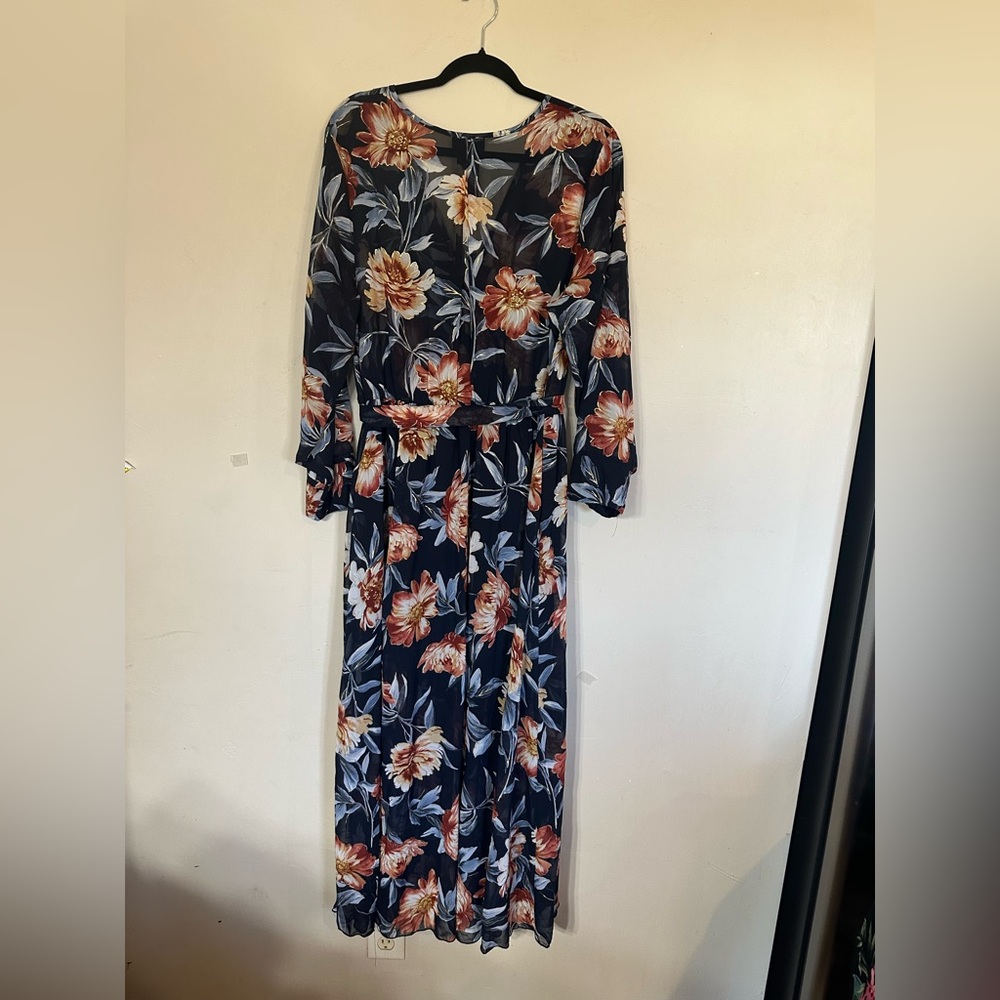 Navy Floral Wrap Maxi Dress with Tie Waist - Picture 2 of 5